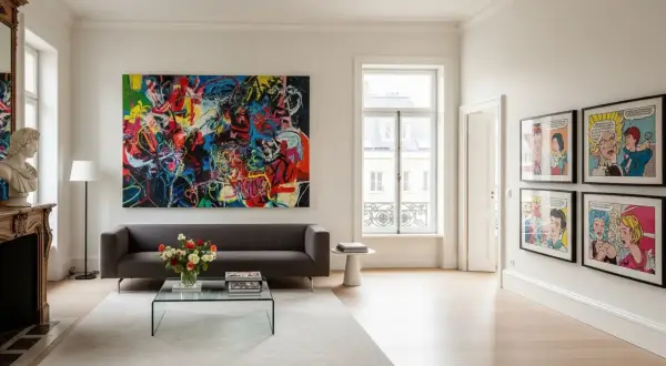 Ein Wohnzimmer mit einem großen, farbenfrohen abstrakten Gemälde und Comic-Kunstwerken, die klassische Kunstwerke nachstellen.