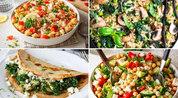 Vier gesunde Gerichte: Couscous-Salat, Nudelgericht mit Pilzen, gefüllter Crêpe und Kichererbsensalat.