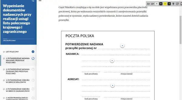 Formularz "Potwierdzenie nadania przesyłki poleconej" Poczty Polskiej. Wypełniany przez pracownika poczty, stanowi dowód nadania.