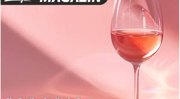 Ein Glas Rotling, dessen Herstellung oft mit der von Rosé verwechselt wird, steht vor einem rosafarbenen Hintergrund.