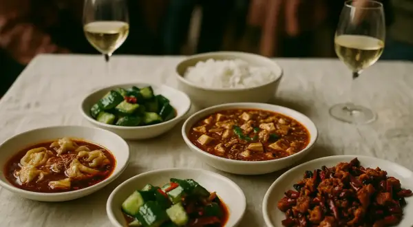 En härlig måltid med koreansk mat, inklusive dumplings, tofu och ris, perfekt ackompanjerad av ett glas vitt vin.