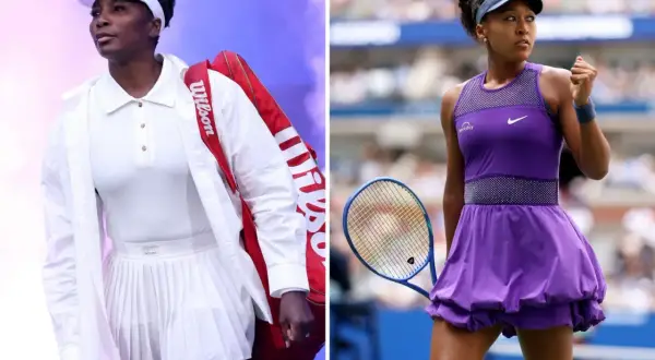 Venus Williams in white, carrying a Wilson bag, and Naomi Osaka in purple, showcasing the ultimate tennis aesthetic.