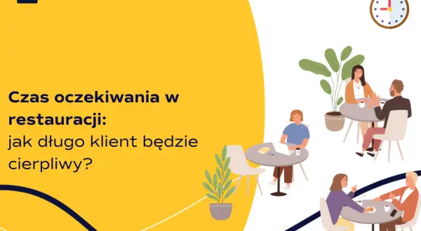 Ludzie siedzą przy stolikach w kawiarni, piją kawę i rozmawiają. Zegar na ścianie pokazuje, że czas oczekiwania w restauracji może być długi.