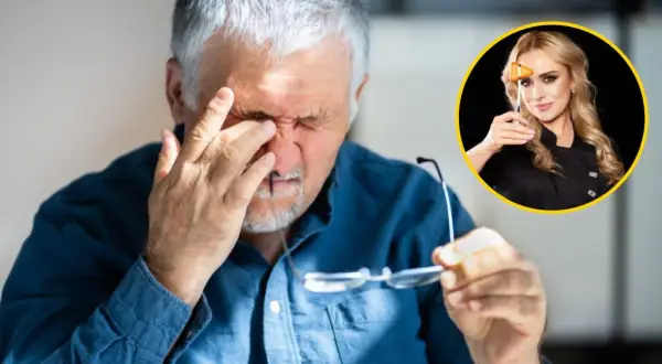 Starszy mężczyzna pociera oczy, trzymając okulary. W tle kobieta z młoteczkiem neurologicznym, sugerującym badanie neurologiczne.