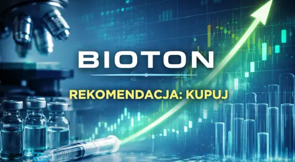 Bioton notowania: rekomendacja kupuj. Wzrosty na wykresach giełdowych, strzykawka i fiolki sugerują inwestycję w biotechnologię.