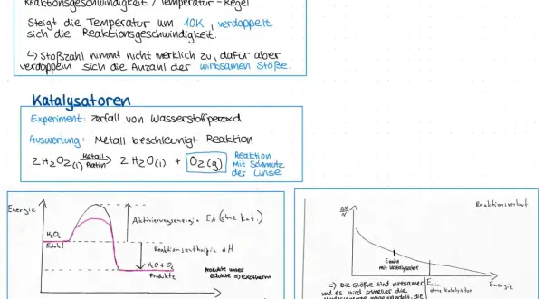 Diagramme und Notizen zur Reaktionsgeschwindigkeit in der Chemie: RGT-Regel, Katalysatoren und Energieprofile.