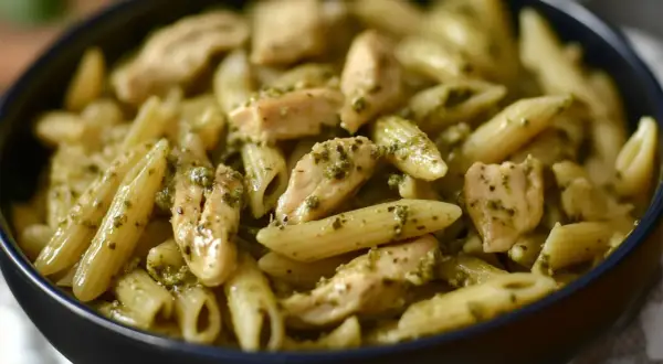 Penne z kurczakiem w sosie pesto, danie pełne smaku i aromatu.