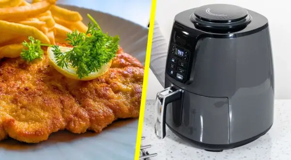 Knuspriges Schnitzel mit Pommes und ein Airfryer – die perfekte Kombination für eine schnelle und gesunde Mahlzeit.