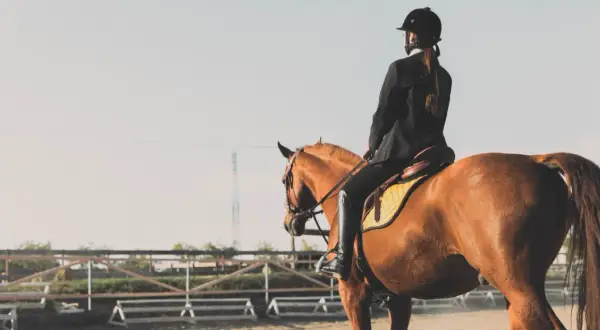 Une cavalière en tenue d'équitation, le périnée bien soutenu, monte un cheval brun dans une carrière.