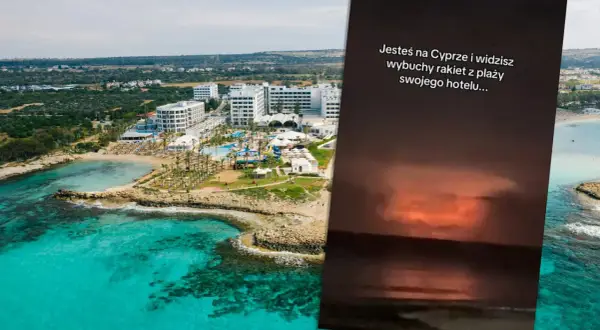 Widok na hotel i plażę na Cyprze, obok zdjęcie z tekstem "Jesteś na Cyprze i widzisz wybuchy rakiet z plaży swojego hotelu...", rodzi pytanie: czy Cypr jest bezpieczny?