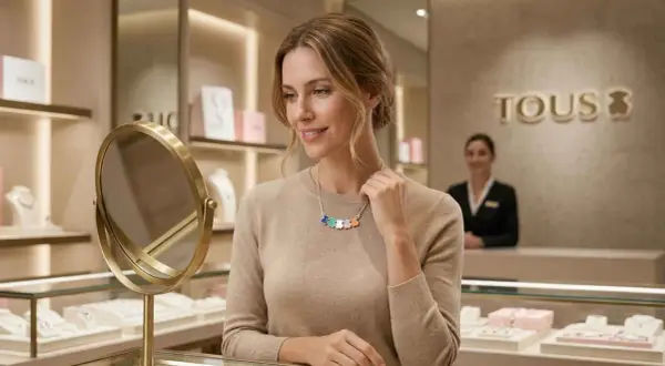 Mujer sonriente admira su collar Tous con ositos de colores, incluyendo un verde vibrante, frente a un espejo en una joyería.