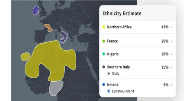 Carte des origines ethniques montrant un résultat ADN avec 42% d'Afrique du Nord, 20% de France, 18% du Nigeria, 15% du Sud de l'Italie et 5% d'Irlande.