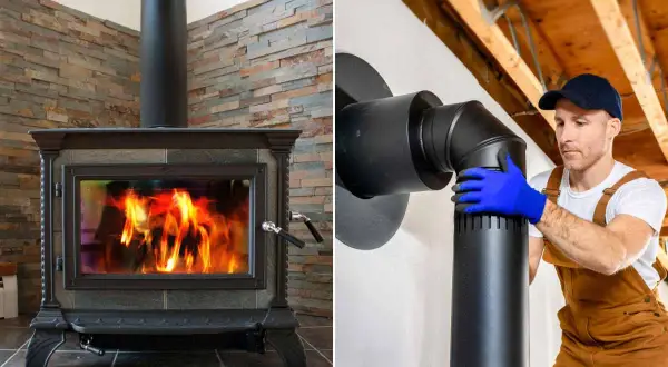 Poêle à bois intérieur avec flammes vives et installation d'un conduit de cheminée par un ouvrier.