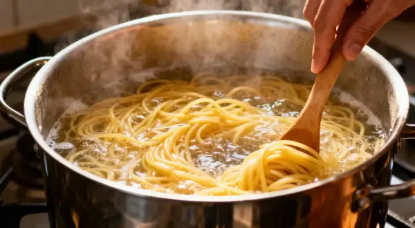 Des pâtes spaghetti bouillonnent dans une casserole, prêtes à être mélangées avec du pistou pour un plat savoureux.