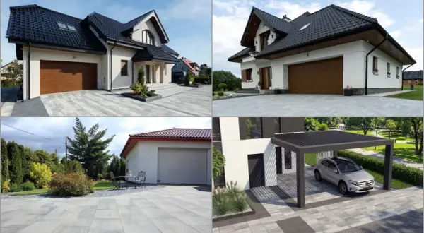 Nowoczesny podjazd do domu z garażem i wiatą samochodową. Eleganckie płyty betonowe tworzą schludną przestrzeń.