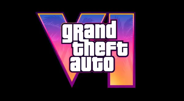 Logo GTA VI z palmami w tle, w neonowych barwach różu i pomarańczy.