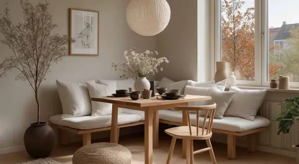 Gemütliche Essecke modern gestalten: Holztisch, Bank mit Kissen, Stuhl und Deko.