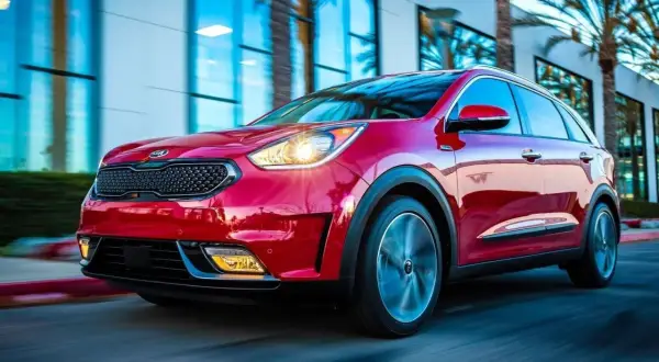 Czerwony Kia Niro w ruchu. Choć auto prezentuje się świetnie, warto pamiętać o jego potencjalnych wadach, takich jak ograniczona moc czy nieco twarde zawieszenie.