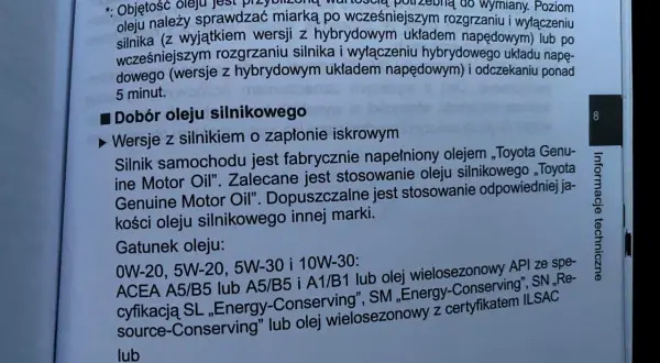 Dobór oleju do Toyoty Auris 1.6 benzyna: zalecane oleje wielosezonowe 0W-20, 5W-20, 5W-30, 10W-30 z certyfikacją API i ACEA.