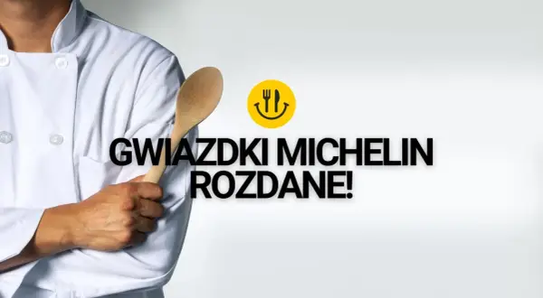 Szef kuchni z drewnianą łyżką i uśmiechniętą ikonką jedzenia. Gwiazdki Michelin rozdane! Polska kuchnia na światowym poziomie.