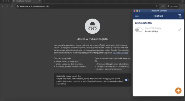 Okno przeglądarki Firefox w trybie incognito. Po prawej panel OpenVPN Connect z profilem "Polski-VPN.pl" rozłączonym.