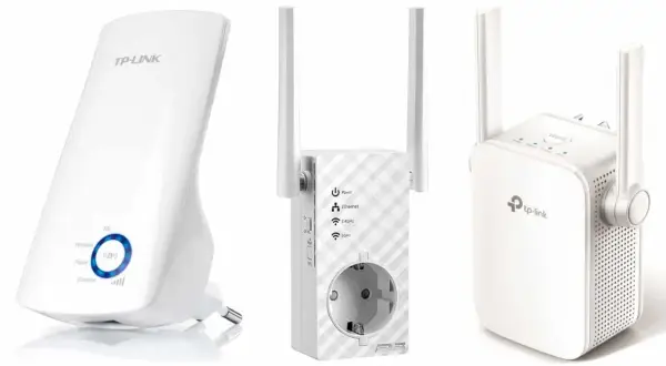 Trzy białe urządzenia, każdy wzmacniacz internetu, gotowe do poprawy zasięgu Wi-Fi w domu.