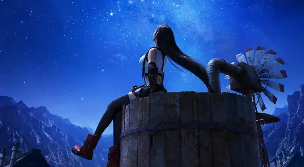 Tifa Lockhart blickt unter dem Sternenhimmel auf, während die Kraft der Musik von FF7 Remake die Nacht erhellt. Ein Windrad steht neben ihr.