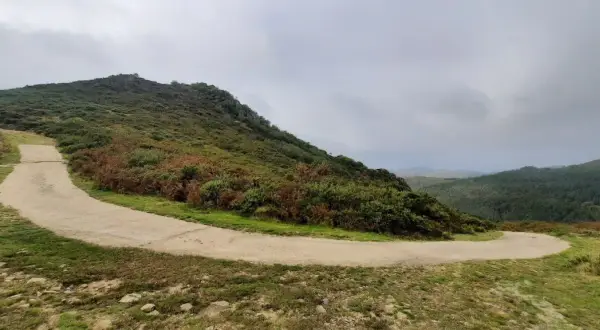 Camino serpenteante en Serra do Cando, rodeado de vegetación verde y marrón bajo un cielo nublado.