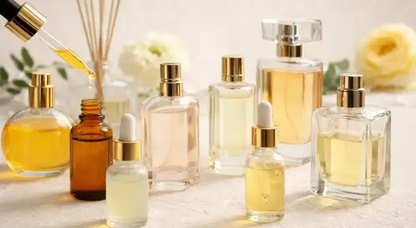 Różne rodzaje zapachów perfum w eleganckich buteleczkach, z pipetką dodającą kroplę esencji.
