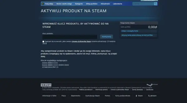 Formularz aktywacji klucza produktu na Steam z polem do wpisania klucza i przyciskiem "Kontynuuj".