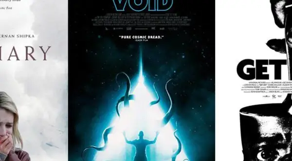 Plakaty filmowe: "The Void" z kosmicznym horrorem, "Get Out" z przerażającą twarzą i "Diary" z płaczącą dziewczyną. To idealne horrory o opetaniach.
