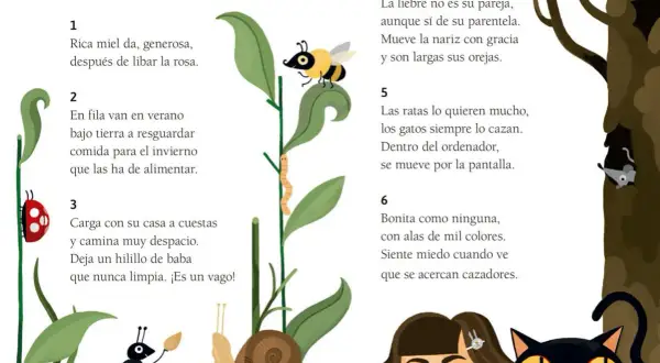 Ilustración con animales y acertijos, como una abeja, hormiga, caracol y mariquita. Ideal para 100 adivinanzas para niños.