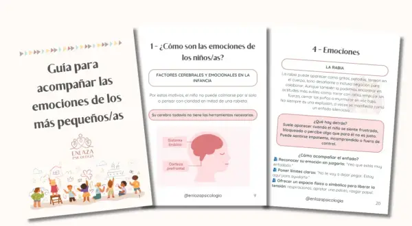 Guía para acompañar las emociones de los más pequeños/as. Ilustración de niños y cerebro, con consejos sobre gestión emocional infantil.