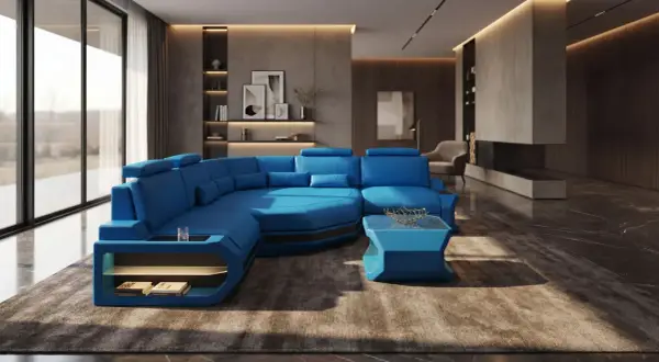 Ein luxuriöses Wohnzimmer mit einer auffälligen, blauen **conversation pit**-Sitzgruppe, die zum Entspannen einlädt.