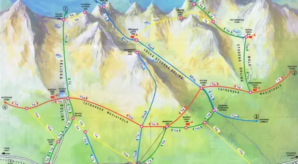 Mapa turystyczna ukazująca najpiękniejsze szlaki w Tatrach Słowackich, z zaznaczonymi dolinami Wielicką, Staroleśną i Zimnej Wody.