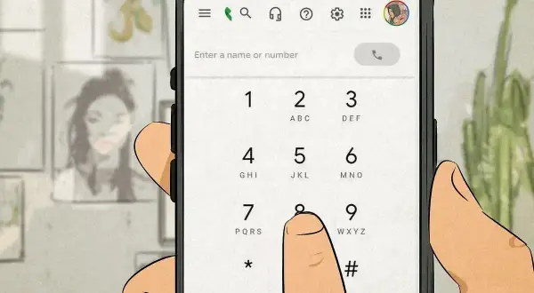 Palec dotyka klawiatury telefonu, aby zapisać nowy kontakt. Widoczny jest ekran wybierania numeru.