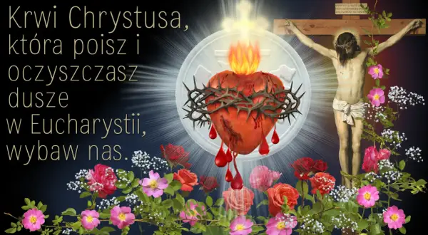 Serce Jezusa, z którego płynie krew, symbolizuje zanurzenie we krwi Chrystusa, oczyszczające dusze w Eucharystii.
