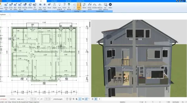 Grundriss und 3D-Ansicht eines Hauses. Die detaillierten Pläne zeigen Maße und Räume, während die 3D-Ansicht einen Einblick in die Innenarchitektur gibt. So kann man sich vorstellen, wie lange dauert ein hausbau.