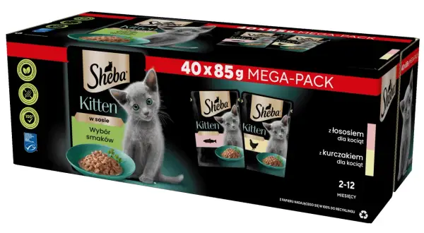 Opakowanie karmy Sheba Kitten z kotkiem, które sugeruje, czy sheba to dobra karma dla małych kotów. Zawiera wybór smaków z łososiem i kurczakiem.
