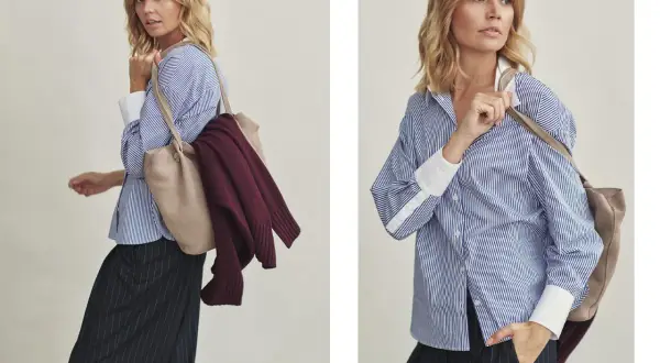 Eleganckie stylizacje: luźna koszula w paski i sweter w bordowym kolorze, zestawione z czarnymi spodniami w prążki.