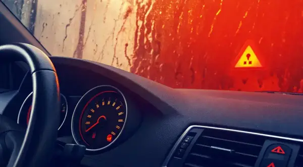 Tableau de bord d'une voiture, avec un voyant ABS allumé. Le soleil brille à travers un pare-brise mouillé, illuminant un panneau de danger.