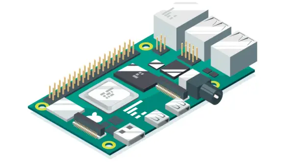 Płytka drukowana z portami USB, złączami i układami scalonymi. Widoczny jest również pin header, który może służyć do komunikacji przez UART.