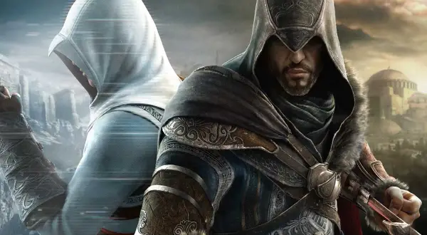 Ezio Auditore i Altair Ibn-La'Ahad w grze Assassin's Creed Revelations. Dwóch asasynów w kapturach, jeden w bieli, drugi w ciemnych barwach, z widokiem na Konstantynopol.