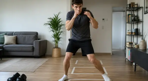 Man practicing boxing lateral movement in his living room, with boxing gloves on the floor.