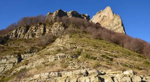 Vue spectaculaire des 3 becs, falaises rocheuses et arbres dénudés sous un ciel bleu intense.
