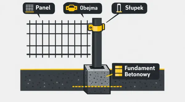 Schemat przedstawia elementy ogrodzenia panelowego: panel, obejmę, słupek i fundament betonowy.