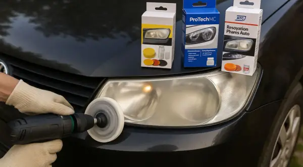 Kits de rénovation phare sur un capot de voiture. Une main gantée utilise une perceuse avec un tampon de polissage pour restaurer un phare jauni.