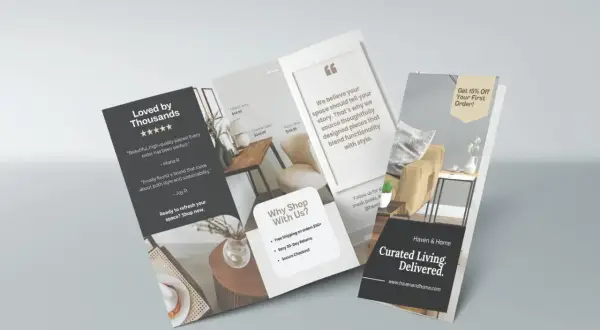 A tri-fold brochure for Haven & Home, showcasing furniture and customer testimonials. It highlights "Curated Living. Delivered." and offers a 15% discount.