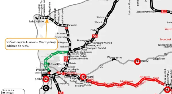 Mapa drogowa Polski z zaznaczoną drogą S3. Najnowsze informacje o odcinku Świnoujście - Międzyzdroje.