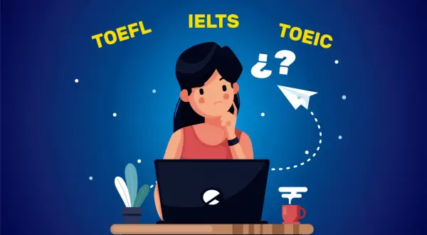 Chica pensativa frente a su laptop, dudando entre TOEFL, IELTS y el **toeic examen**.